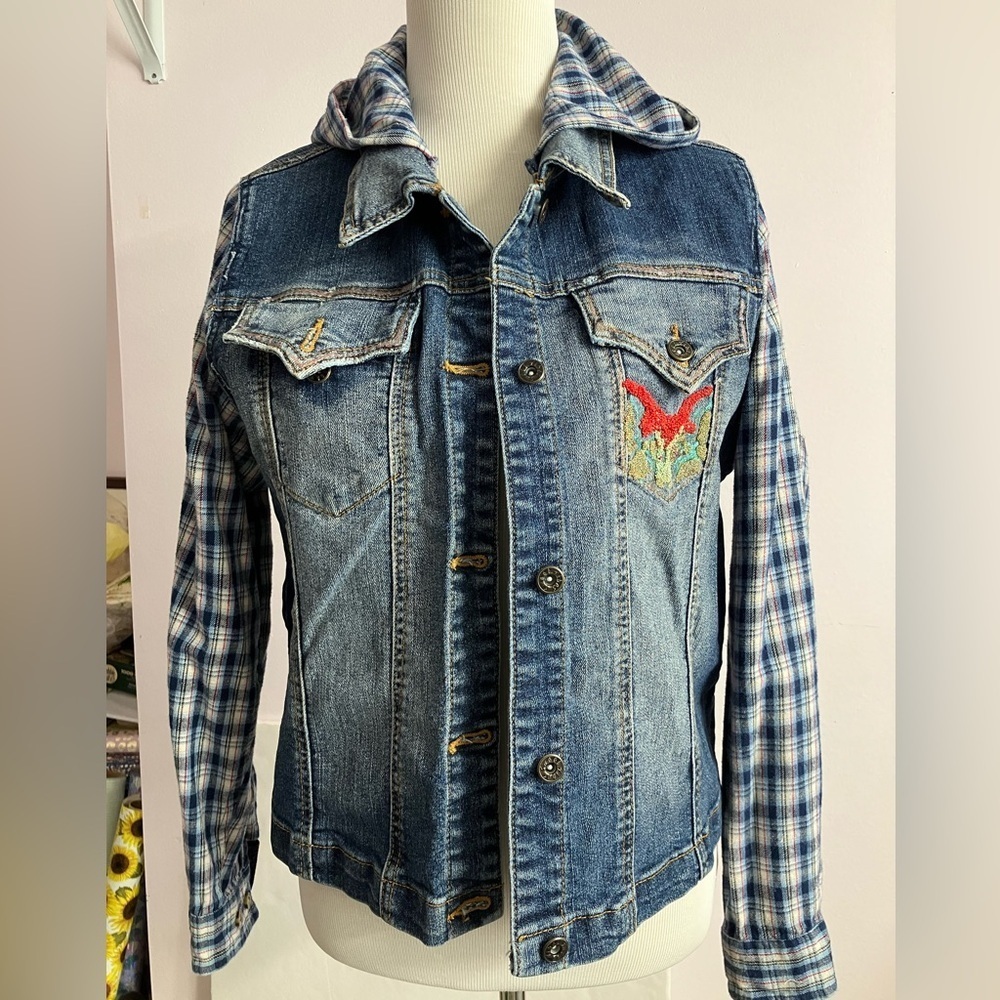 Women’s Upcycled Denim Hoodie/Jacket, 14, Blue/White Plaid, Flannel